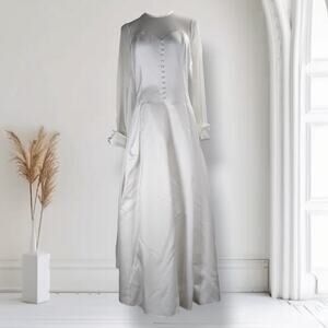 Vintage 90s Cache Ivory Satin Wedding Gown Illusion Neck French Cuffs 12